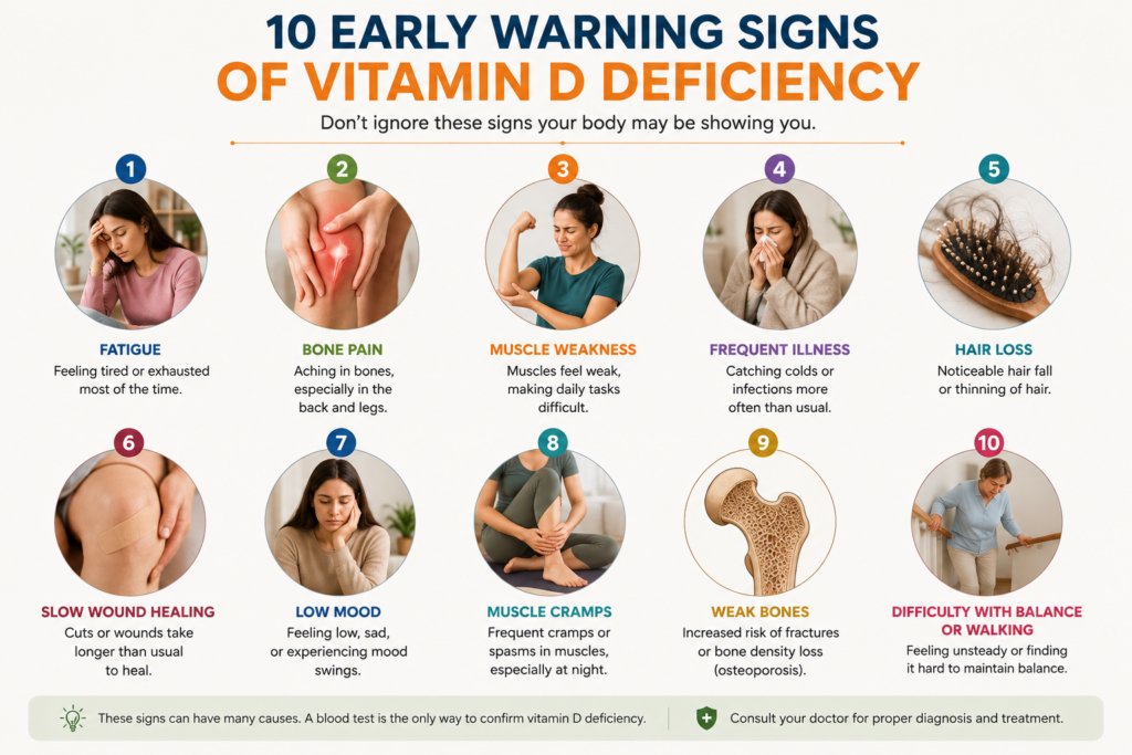 Infographic showing the 10 early signs of vitamin D deficiency