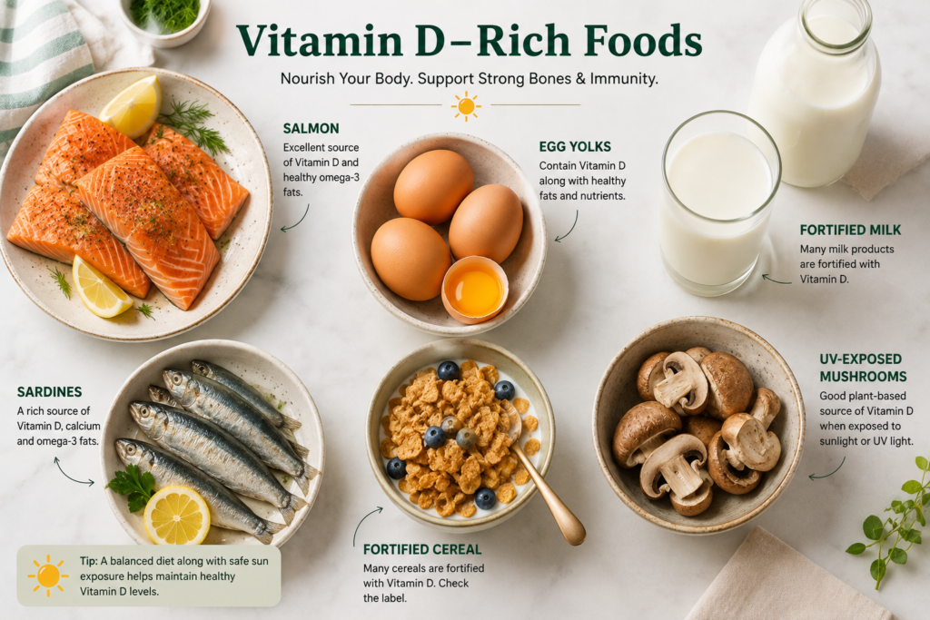 Vitamin D-rich foods including salmon, eggs, fortified milk, mushrooms and cereals
